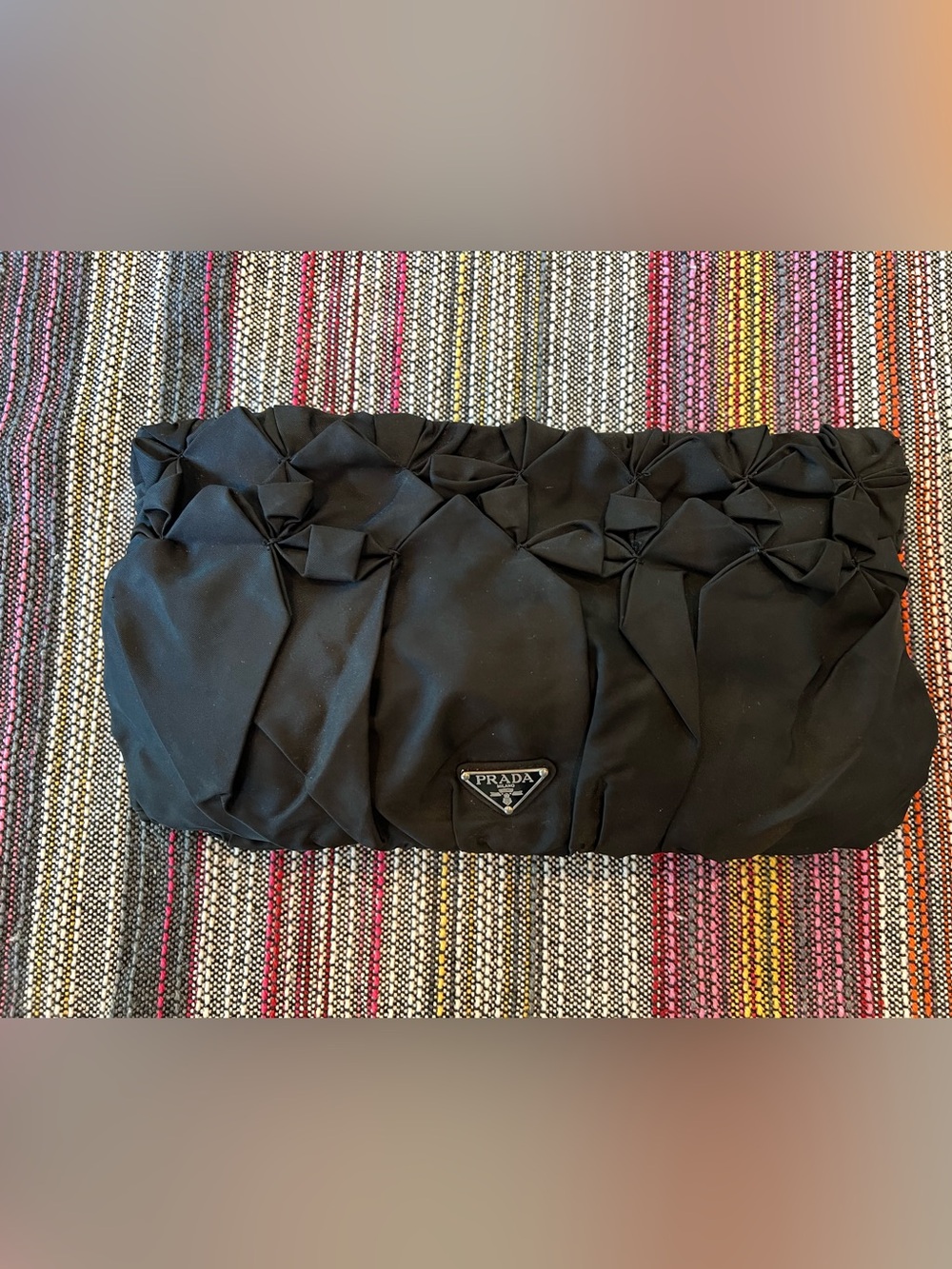 PRADA Black Ruched Bow Clutch Pouch, Silver Hardware, Zip Closure, Logo